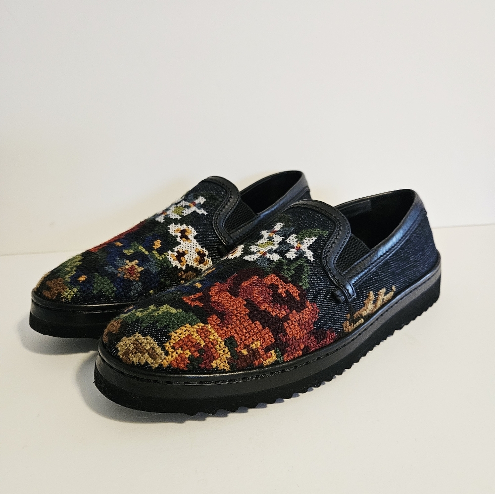 Dolce & Gabbana Wns Floral Navy Blue Denim/Leather Slip On Sz 6 Sneakers A50059 - Picture 2 of 11